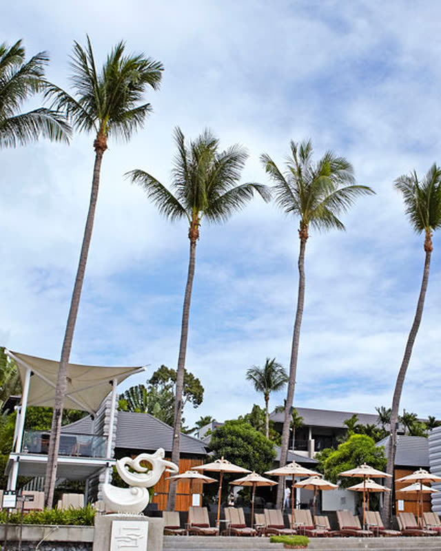 Tall palms over beach sun beds and white parasols, with a white stone sculpture and resort buildings behind