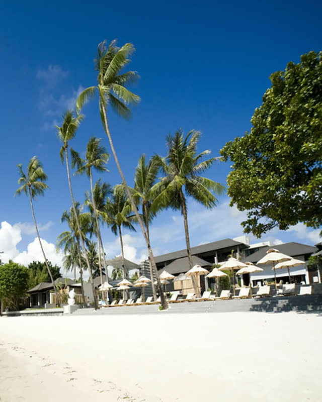 White sand beach with palms, sun beds and low resort villas behind