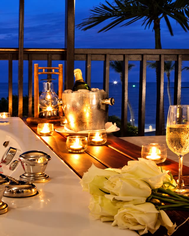 Rose-petal Jacuzzi tub on a balcony with candles and champagne