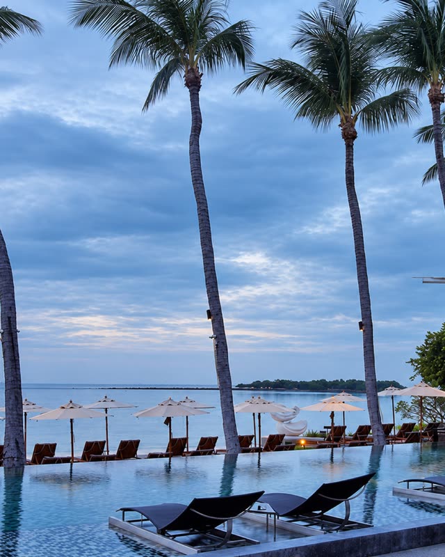 Infinity pool at dusk with leaning palms, loungers and the sea horizon