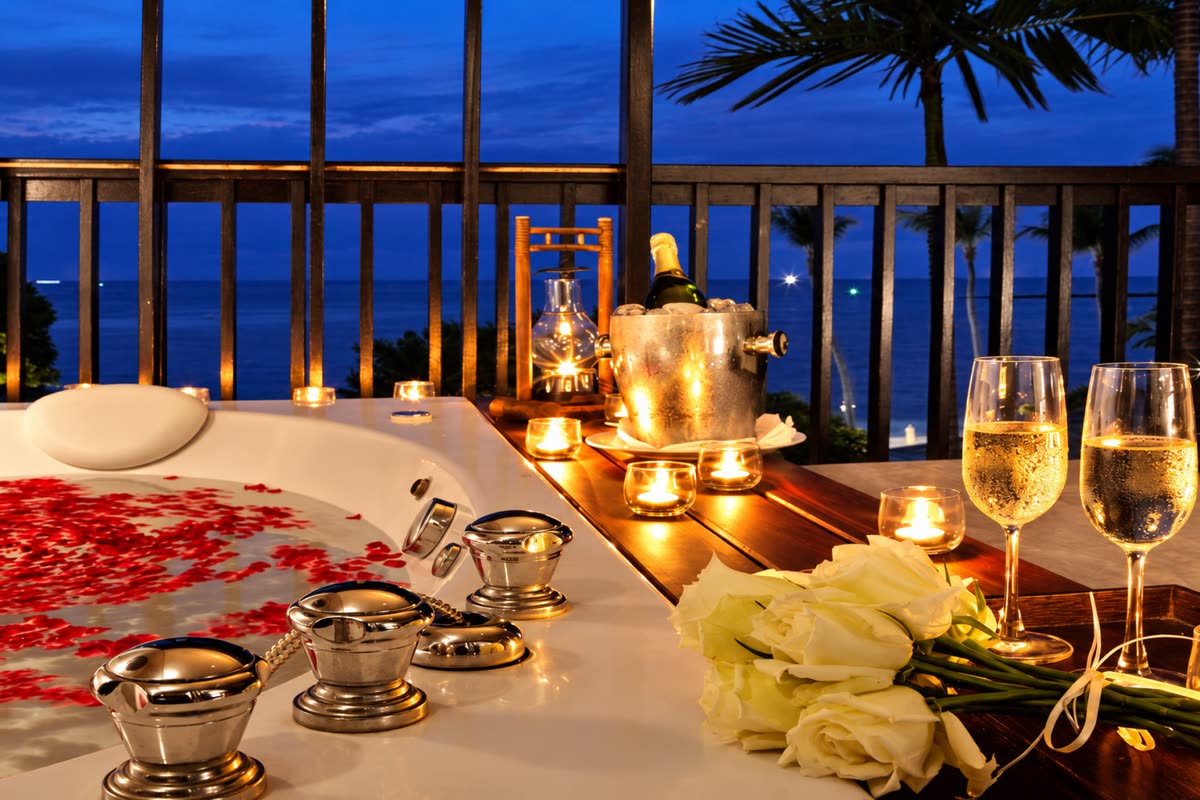 Balcony Jacuzzi tub with rose petals, candles and champagne glasses at dusk